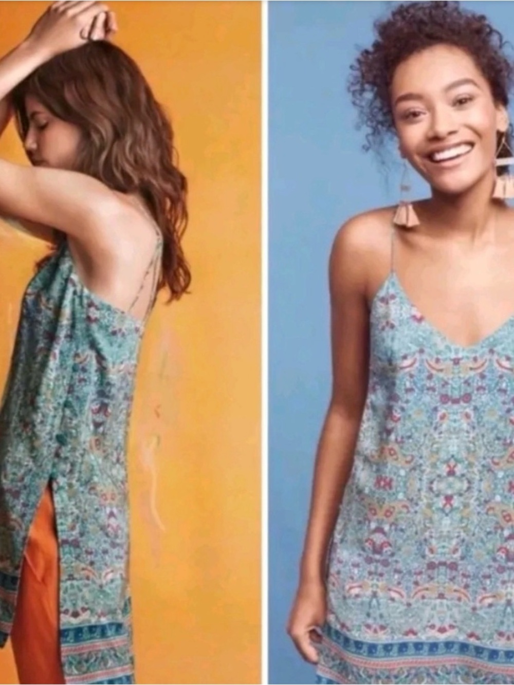 Anthropologie Maeve Green Printed Strappy Tunic Dress Size 4 Silk